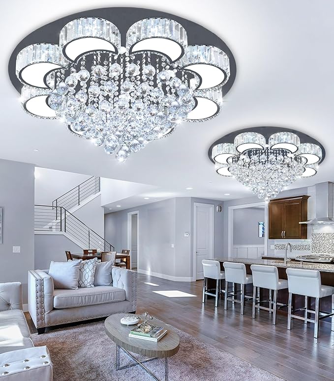 31.4" Black Modern Crystal Chandeliers for Dining Room LED Dimmable Light Fixtures Flush Mount Light Living Room Bedrooms