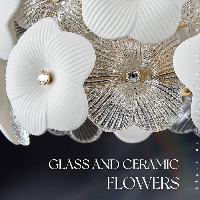 3-Pack Flower Small Pendant Lighting Gold Glass Pendant Light with White Ceramic Flowers Modern 1-Light for Kitchen Island Sink Dining Room Entryway Hallway, E26