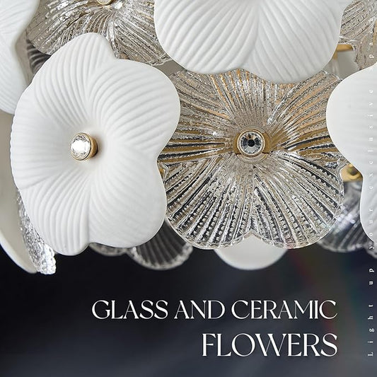 3-Pack Flower Small Pendant Lighting Gold Glass Pendant Light with White Ceramic Flowers Modern 1-Light for Kitchen Island Sink Dining Room Entryway Hallway, E26