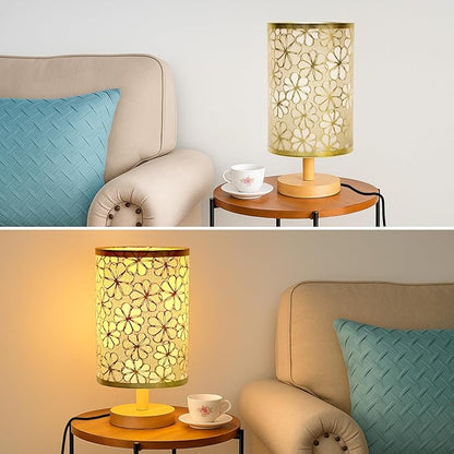 Desk Lamp LED Bulb Included, Small Bedside Table Lamp Plug-in - Classic Wood Base with Flaxen Fabric Shade, Lamps for Night Stands, Simple Nightstand Light for Bedroom, Office, Desk