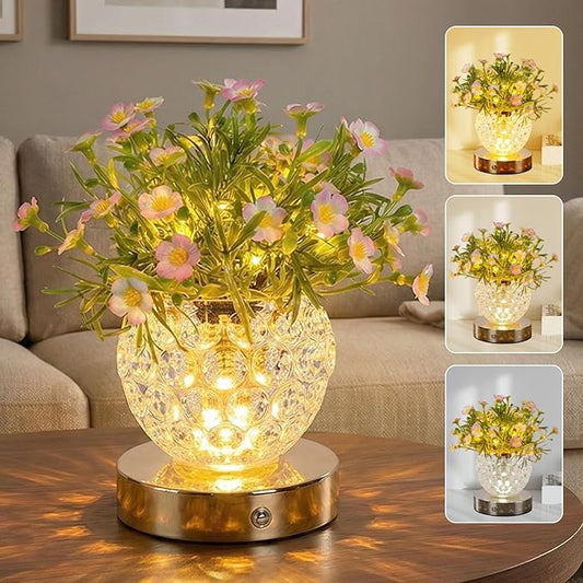 Flower Table Lamp, 3 Colors Touch Dimming Daisy Night Light, Rechargeable Artificial Flower Light, LED Flower with Vase Lamp Romantic Decor for Date Party Home (Pink-Heronsbill)