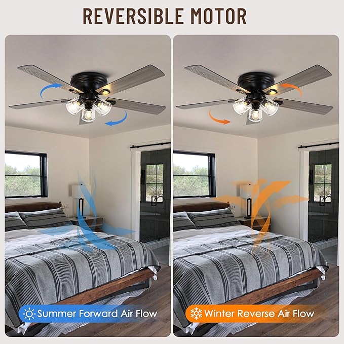52" Flush Mount Ceiling Fan with Lights and Remote Control,Industrial Farmhouse Ceiling Fan,Reversible Quiet Motor,5 Wood Blades,3 Clear Glass Lights for Bedroom Living Room Kitchen
