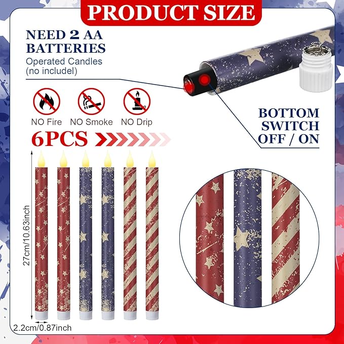 Honoson 6 Pcs 4th of July Taper Candles 10.6 Inch Patriotic Flameless Candles Battery Operated Red White and Blue LED Candlesticks for Independence Day Dinner Table Home Party Decoration