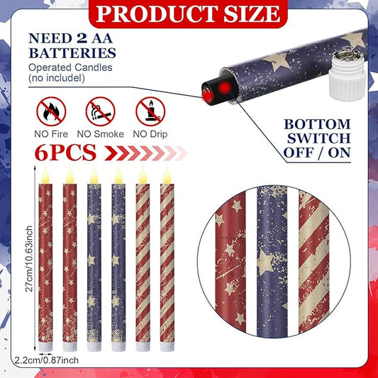 Honoson 6 Pcs 4th of July Taper Candles 10.6 Inch Patriotic Flameless Candles Battery Operated Red White and Blue LED Candlesticks for Independence Day Dinner Table Home Party Decoration