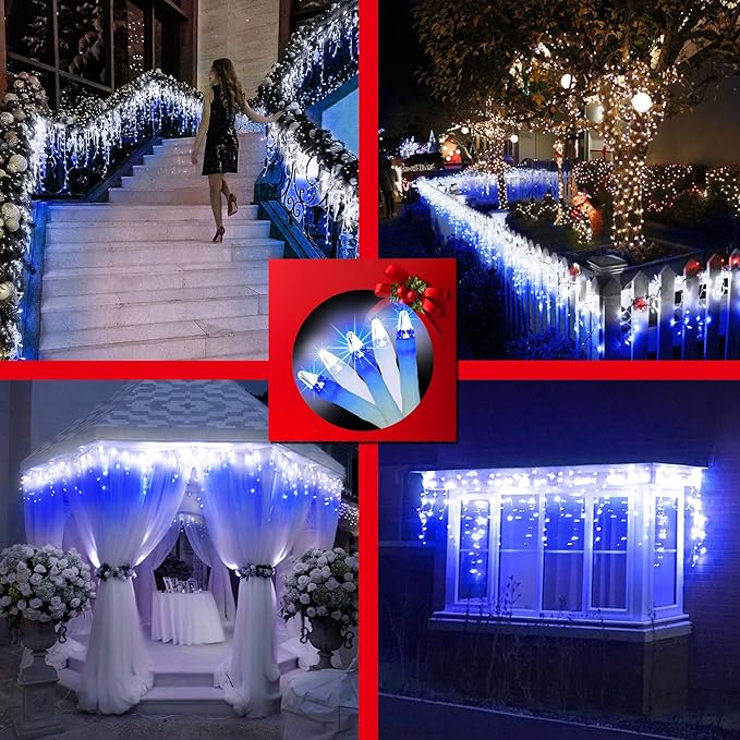 670 LED 66FT Christmas Lights with 148 Drops, 12 Modes Dimmable CoolWhite & Blue Outdoor Hanging Lights with Timer Memory, Waterproof Curtain Lights for Bedroom Yard Indoor Window Roof Fence Wedding