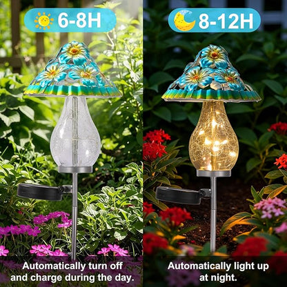 LOVERUIS Garden Statues with Solar Watering Can Lights, Cute Outdoor Garden Decor for Patio Yard Lawn Ornaments, Unique Gift for Women Mom Grandma (ARS-Mushroom Blue)