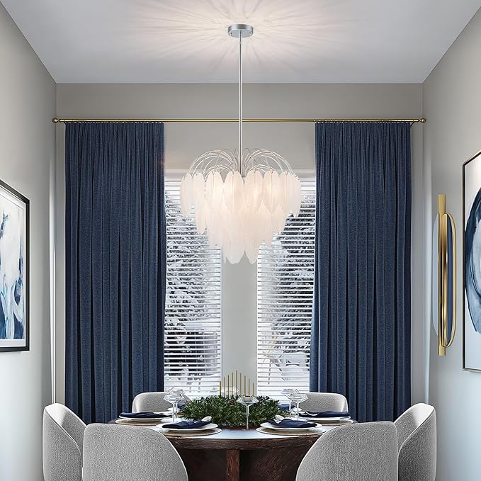 LumFurn D21inch Glass Chandeliers, 8-Light Modern Pendant Light Fixture for Dining Room, Living Room, D21 x H24~54" Adjustable Height, Frosted Feather-Shaped Glass Shade & Silver Finish Frame