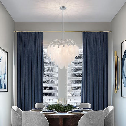 LumFurn D21inch Glass Chandeliers, 8-Light Modern Pendant Light Fixture for Dining Room, Living Room, D21 x H24~54" Adjustable Height, Frosted Feather-Shaped Glass Shade & Silver Finish Frame