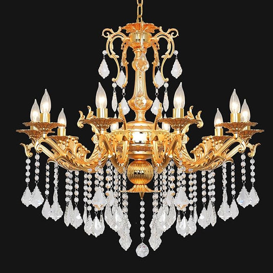 Luxury Gold Crystal Chandelier, 32" Vintage K9 Crystal Pendant Light with 10 Lights, Antique Brass Finish Ceiling Light Fixture with Scrolled Arms for Dining Room Living Room Foyer Villa Hotel