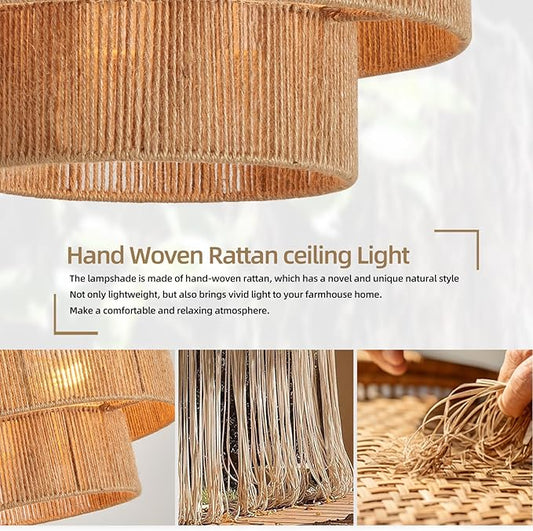 Boho Semi Flush Mount Ceiling Light Gold Rattan Ceiling Light 15.4" Farmhouse Ceiling Lamp with Natural Hemp Rope Lampshade for Dining Room Living Room Bedroom Kitchen
