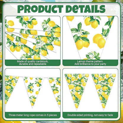 HESTYA 5 Pcs 49 Ft Lemon Party Decorations Yellow Floral Lemon Banner Pre-Assembled Summer Lemonade Triangle Flag Bunting Garland for Wedding Bridal Shower Birthday Baby Shower Party Supplies