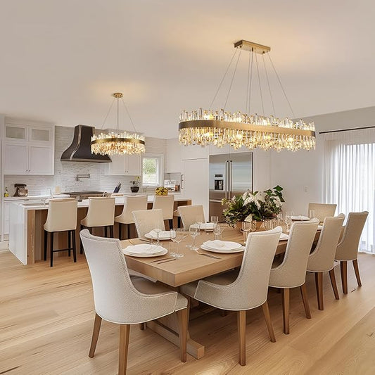 Siljoy Modern Crystal Chandelier, L52'' Luxury Rectangular Brushed Brass Gold Crystal Raindrop Chandelier Large Oval Crystal Pendant Ceiling Light Fixture for Dining Room Kitchen Island, E12 x 20