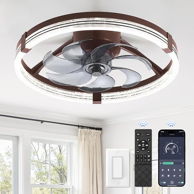 ZMISHIBO Low Profile Ceiling Fans with Lights, Flush Mount Modern Ceiling Fan and Remote Control, 20" LED Ceiling Fans, Stepless Dimmable 3 Colors and 6 Speeds (Brown, 20")