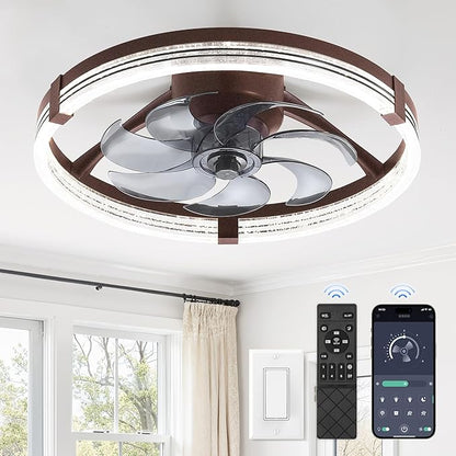 ZMISHIBO Low Profile Ceiling Fans with Lights, Flush Mount Modern Ceiling Fan and Remote Control, 20" LED Ceiling Fans, Stepless Dimmable 3 Colors and 6 Speeds (Brown, 20")