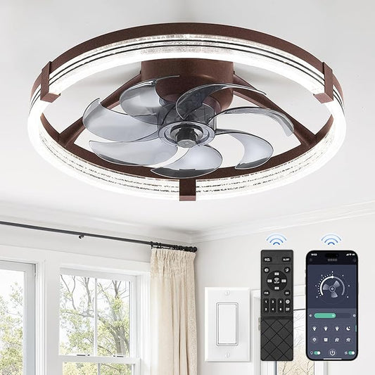 ZMISHIBO Low Profile Ceiling Fans with Lights, Flush Mount Modern Ceiling Fan and Remote Control, 20" LED Ceiling Fans, Stepless Dimmable 3 Colors and 6 Speeds (Brown, 20")