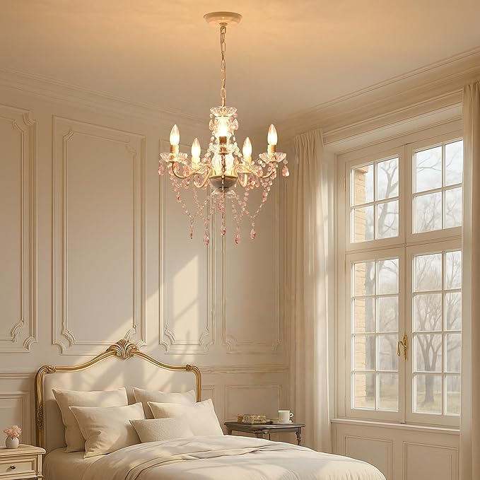 Small Pink and White Girls Bedroom Light – 5-Light Modern Acrylic Crystal Ceiling Fixture, Mini Chandelier for Kids Room, Dining Room, Living Room, Foyer