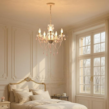 Small Pink and White Girls Bedroom Light – 5-Light Modern Acrylic Crystal Ceiling Fixture, Mini Chandelier for Kids Room, Dining Room, Living Room, Foyer