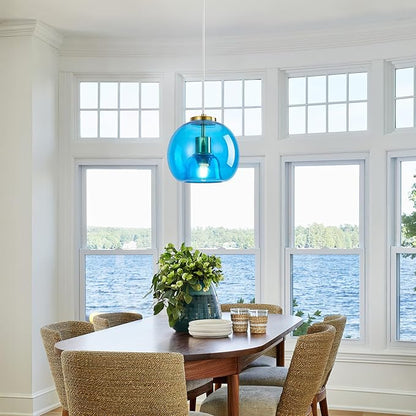 Blue Glass Pendant Lights Kitchen Island Gold Hanging Light Fixture Glass Globe Pendant Light Modern Pendant Lighting for Kitchen Island Bedroom Dining Room (7.87", 3 Pack)