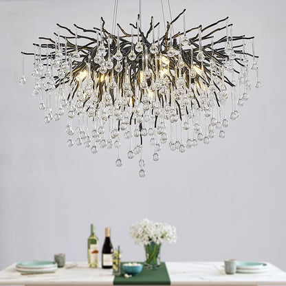 23.6in Black Crystal Chandelier, Modern Tree Branch Chandeliers for Dining Room, 8-Light Farmhouse Chandelier Light Fixture for Living Room,Kitchen Island Foyer
