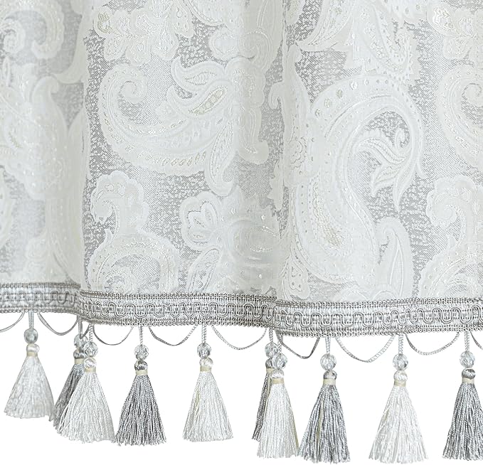 Loom and Mill Luxury Valances for Windows, Elegant Damask Thick Window Treatment Curtains Valance with Handmade Tassels for Living Room, Bedroom Party Banquet Decorations (54" x 18", Silver&White)
