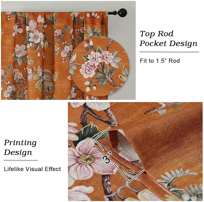 Simplebrand Orange Floral Curtains 63 Inch Length 2 Panels, Faux Linen Textured Semi Light Filtering Farmhouse Curtains & Drapes, Soft Airy Slub Window Curtains for Living Room Bedroom, Each 40"Wx63"L