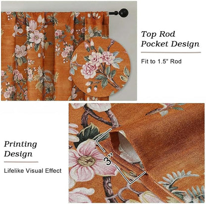 Simplebrand Orange Floral Curtains 63 Inch Length 2 Panels, Faux Linen Textured Semi Light Filtering Farmhouse Curtains & Drapes, Soft Airy Slub Window Curtains for Living Room Bedroom, Each 40"Wx63"L