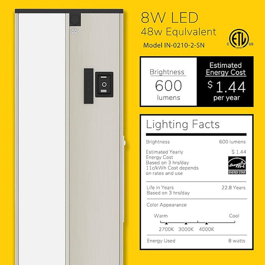 Getinlight 18-inch 3 Color Levels LED Under Cabinet Lighting, Hardwired or Plugged-in, Selectable White 2700K/3000K/4000K, Dimmable, Brushed Nickel Finished, IN-0210-2-SN