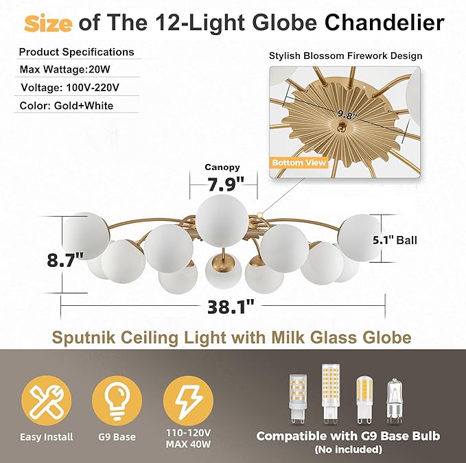 Longree 12-Light Gold and White Sputnik Chandelier Flush Mount Ceiling Lights with Blossom Accent, Mid Century Opal Glass Bubble Starburst Light Fixture for Dining Living Entry Room