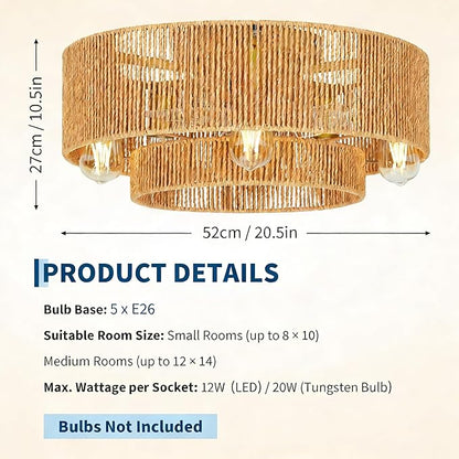 GarveeHome 【Flicker-Free • Hand-Woven Rattan】 20'' Boho Rattan Ceiling Fan with Light and Remote - Flush Mount Caged Ceiling Fan with 6 Speeds for Bedroom, Living Room