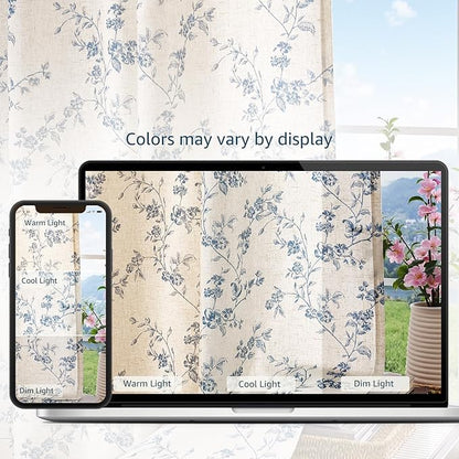 jinchan Floral Kitchen Curtains 54 Inch Linen Tier Curtains Farmhouse Cafe Half Window Drapes for Small Windows Light Filtering Blue on Beige for Living Room Bathroom Back Tab 2 Panels