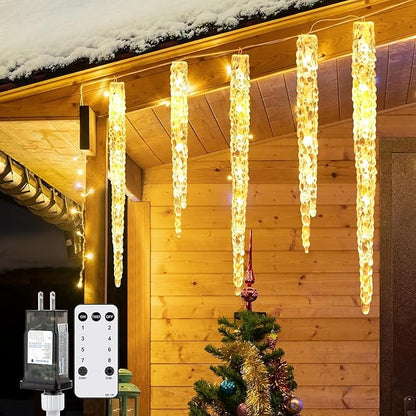 Brightown Icicle Lights Outdoor with Remote, 20ft 20 Tubes 100 LED Ice Shape String Lights, Connectable Hanging Christmas Decoration Lights for Tree Patio Roof Holiday Decor, Warm White