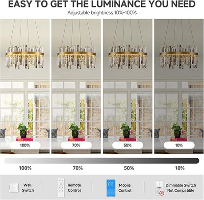 Gold Led Modern Crystal Chandelier: 19.7" Round Contemporary 3 Color Dimmable Dining Room Light Fixture over Table - Smoke Grey & Clear Crystals Chandeliers for Bedroom Living Kitchen Entryway Foyer