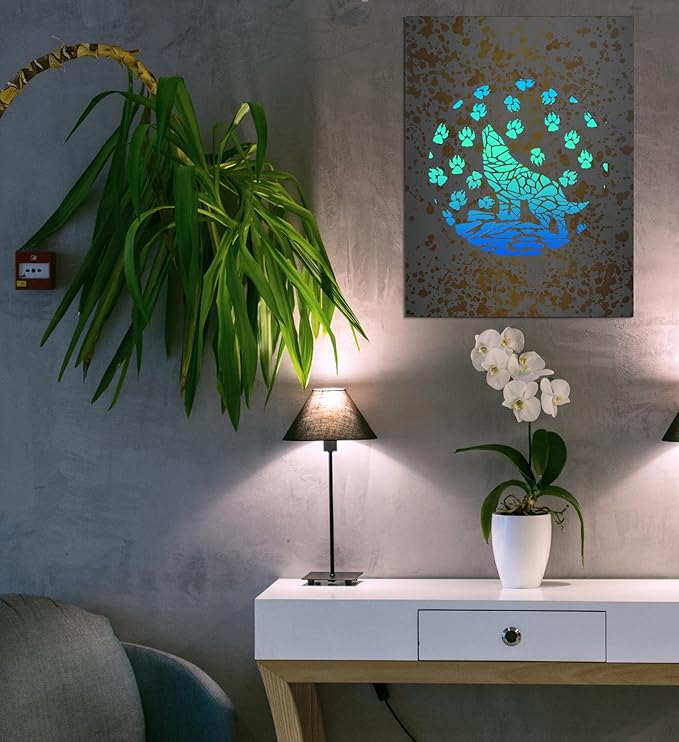 CoTa Global Wolf Light Up LED Wall Art - Fun Changing Color LED Light Up Picture Art for Bedroom, Modern Wall Hang Living Room Art, House Decor Art Design, Wolf Wall Art Nightlight - 16x12 Inches