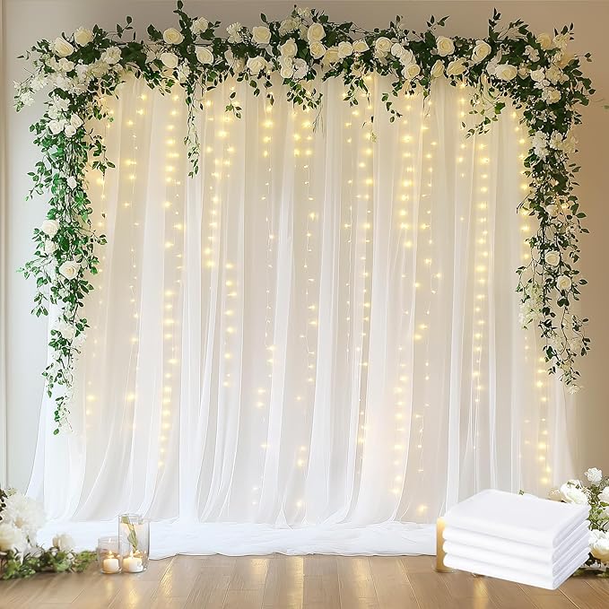 Fomcet Tulle Backdrop Curtains White 20FT X 10FT Tulle Curtains with Lights String Sheer Backdrop Curtain for Parties Wedding Baby Shower Photo Shoot Decorations (4 Panels 5x10FT)