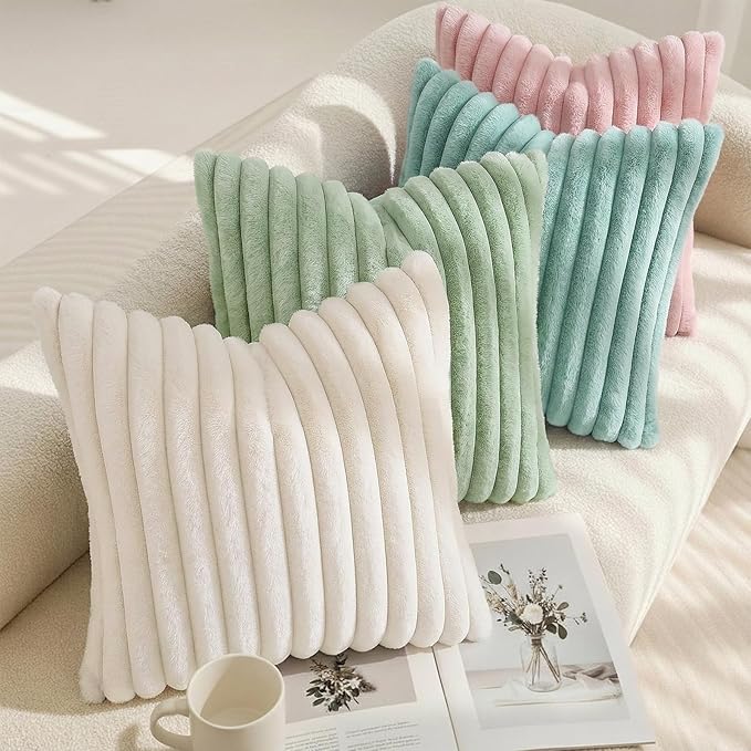 decorUhome Summer Cozy Faux Fur Throw Pillow Covers 12x20 Set of 2 Decorative Soft Plush Striped Lumbar Modern Farmhouse Boho Couch Pillow Cases with Velvet Back for Sofa Bed Living Room, Aqua