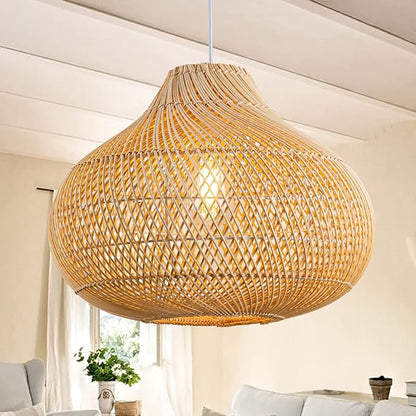 Rattan Pendant Light, 16.5" Hand-Woven Wicker Chandelier Boho Hanging Light Fixture, Farmhouse Natural Raindrop Basket Ceiling Light for Dining Room Kitchen Island Bedroom Living Room, E26
