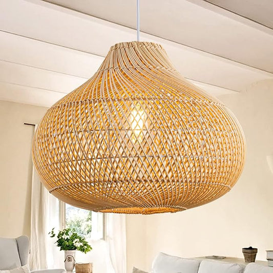 Rattan Pendant Light, 16.5" Hand-Woven Wicker Chandelier Boho Hanging Light Fixture, Farmhouse Natural Raindrop Basket Ceiling Light for Dining Room Kitchen Island Bedroom Living Room, E26