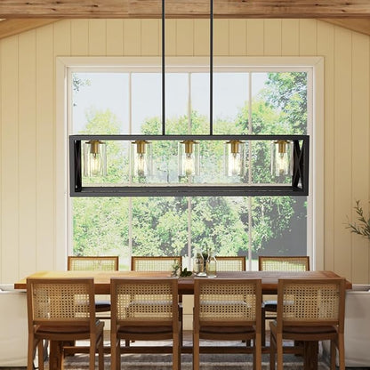 Black Gold Dining Room Light Fixture - 5 Light Chandeliers for Dining Room with Clear Glass Shade & Adjustable Height & Thickened Metal Rectangle Dining Table Light Fixture