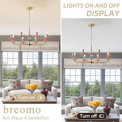 Pink Chandeliers for Dining Room Light Fixture Over Table,Brass Gold Art Deco Chandelier, Modern Vintage Chandelier with Ceramic,Farmhouse Chandelier for Girls Bedroom, Living Room, Foyer