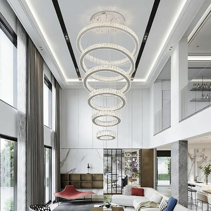 Finktonglan 6-Ring Crystal LED Chandelier, Dimmable Pendant with Remote, Adjustable Height 118", K9 Stainless Rings (Ø7.9–27.6"), 3000–6500K, Memory/Timer for Stairwell Foyer Living Room