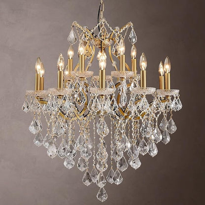 Brass Crystal Chandeliers for Dining Room 15 Lights Maria Theresa Chandeliers Modern Pendant Light Fixture Living Room Bedroom Entryway Kitchen 31.5" H x 30.7" D