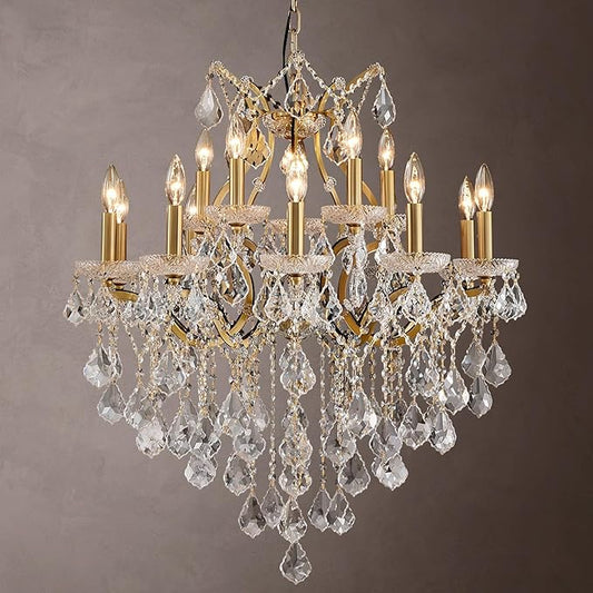 Brass Crystal Chandeliers for Dining Room 15 Lights Maria Theresa Chandeliers Modern Pendant Light Fixture Living Room Bedroom Entryway Kitchen 31.5" H x 30.7" D