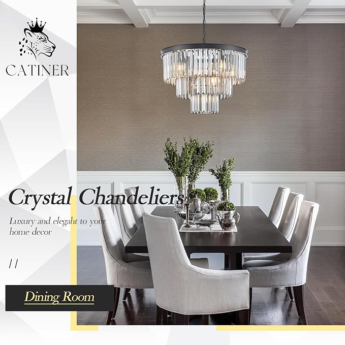 CATINER Modern Smoke Gray Crystal Chandeliers, Black 20” Round Chandelier 3 Tiers 7 Lights Luxury K9 Crystal Ceiling Pendant Light Fixture for Dining Room Foyer Bedroom Closet