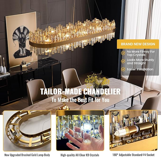 Siljoy Modern Crystal Chandelier, L52'' Luxury Rectangular Brushed Brass Gold Crystal Raindrop Chandelier Large Oval Crystal Pendant Ceiling Light Fixture for Dining Room Kitchen Island, E12 x 20
