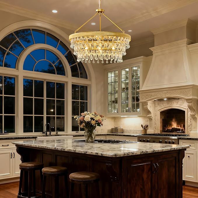 Gold Modern Raindrop Crystal Chandelier: 28" Round K9 Crystals 6-Light Contemporary Chandeliers for Dining Room Lights over Table - 3 Tiers Light Adjustable for Bedroom Living Kitchen Entryway Foyer