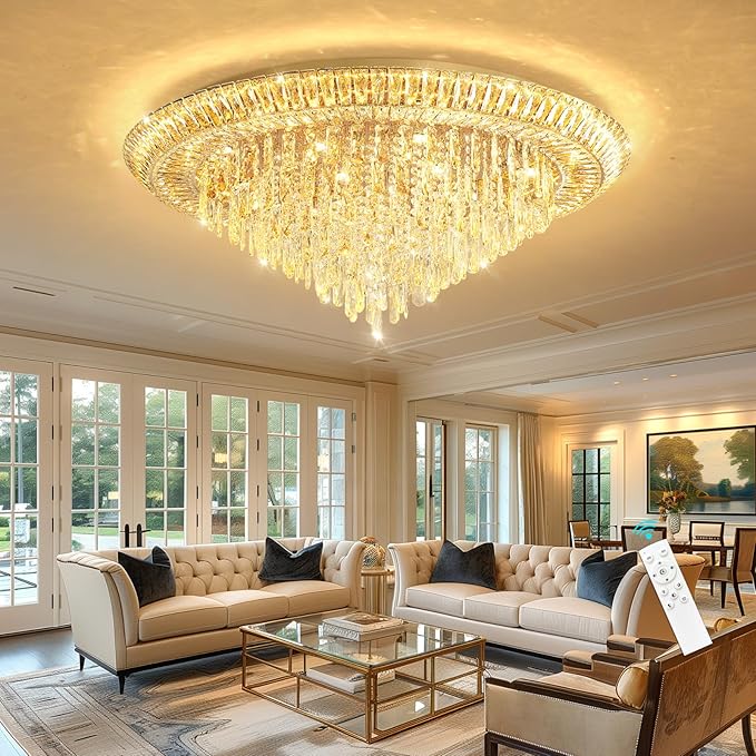 Modern LED Crystal Chandelier for Living Room Dimmable Large Ceiling Light Fixture Round Raindrop Chandeliers for Dining Room Entryway Bedroom Foyer Gold