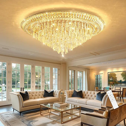 Modern LED Crystal Chandelier for Living Room Dimmable Large Ceiling Light Fixture Round Raindrop Chandeliers for Dining Room Entryway Bedroom Foyer Gold
