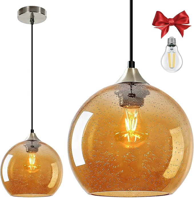 Large Amber Glass Pendant Light for Kitchen Island, Includes 1 Bulb & 4.92FT Adjustable Cord, Modern Pendant Lighting Fixtures for Kitchen, Dining Room, Living Room(9.1in)