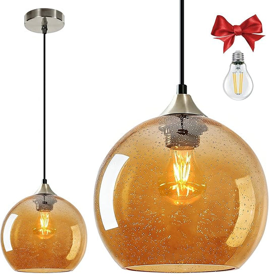 Large Amber Glass Pendant Light for Kitchen Island, Includes 1 Bulb & 4.92FT Adjustable Cord, Modern Pendant Lighting Fixtures for Kitchen, Dining Room, Living Room(9.1in)