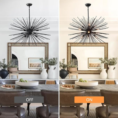 33.85" Black Sputnik Chandelier Vintage 12-Light Geometric Starburst Chandelier Light Fixture Large Solid Metal Black Sputnik Chandeliers for Dining Room, Kitchen, Bedroom, Living Room, E12